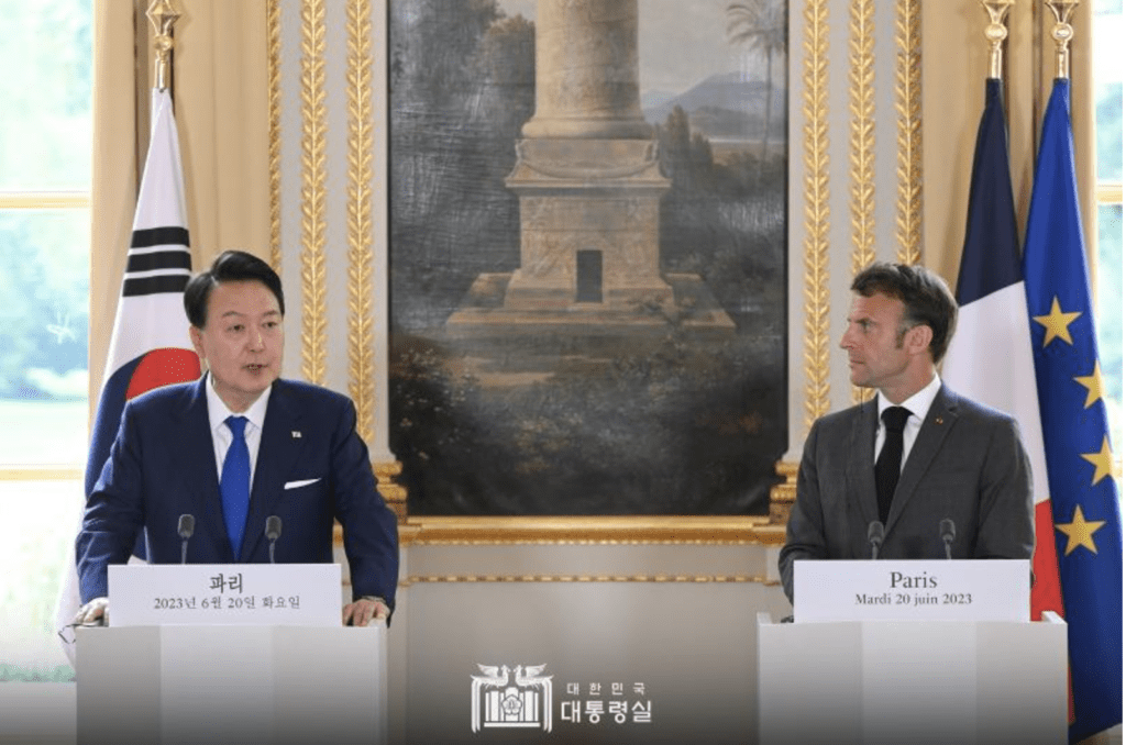 President Yoon Suk Yeol speaks on June 20 at a joint news conference with French President Emmanuel Macron at the French presidential office Elysee Palace in Paris. (Photo: Office of the President)
