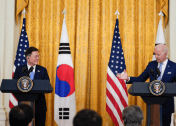 South Korean President Moon Jae-in and the U.S. President Joe Biden at the White House in Washington on May 21, 2021.