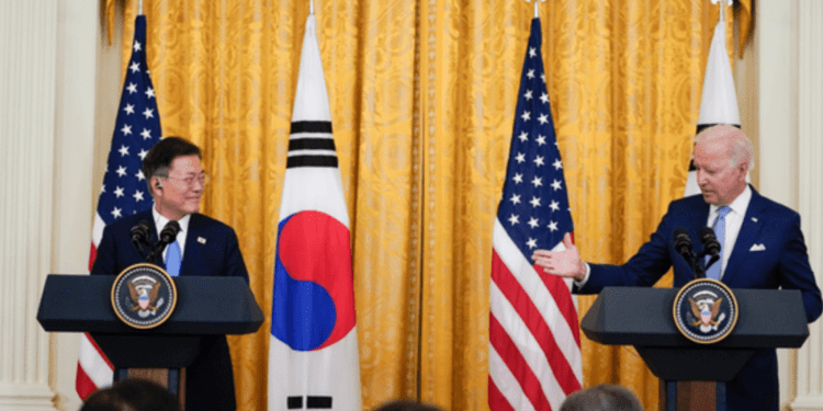 South Korean President Moon Jae-in and the U.S. President Joe Biden at the White House in Washington on May 21, 2021.