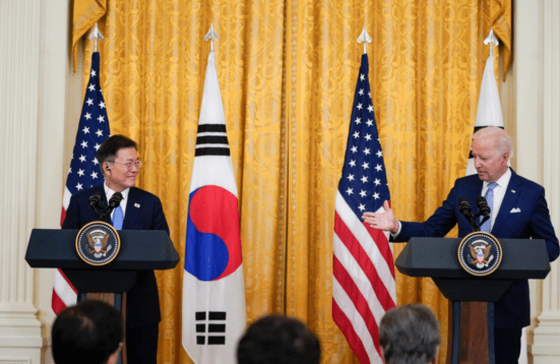 South Korean President Moon Jae-in and the U.S. President Joe Biden at the White House in Washington on May 21, 2021.