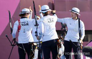 South Korean women archers team that won the gold medal at the Tokyo Olympics at Yumenoshima Park Archery Field in Tokyo on July 25, 2021. Source: Yonhap