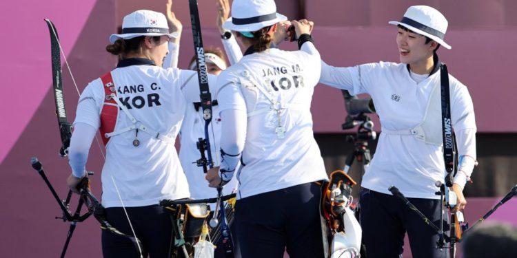 South Korean women archers team that won the gold medal at the Tokyo Olympics at Yumenoshima Park Archery Field in Tokyo on July 25, 2021. Source: Yonhap