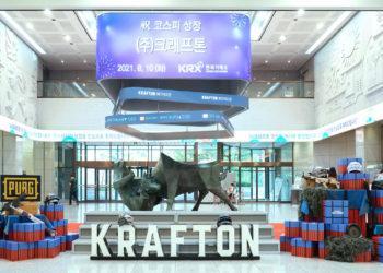 An electronic signboard shows the stock market debut of Krafton on the country’s main bourse, the Kospi.