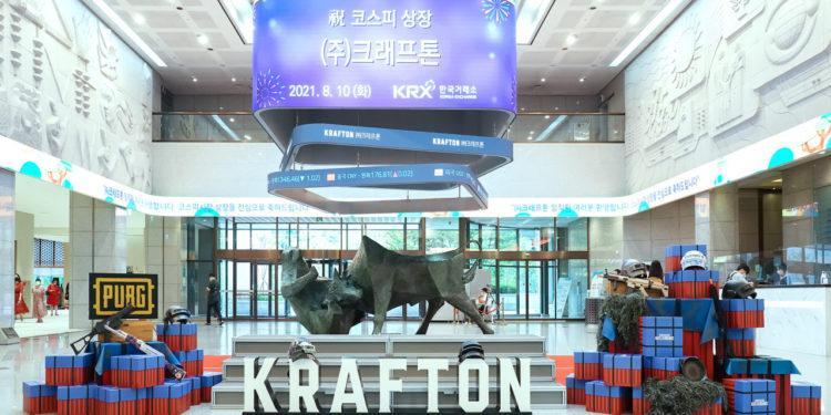 An electronic signboard shows the stock market debut of Krafton on the country’s main bourse, the Kospi.