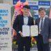 Kwon Oh-byung, the president of the Korean Society of Intelligence Information Systems (right), and Lee Dong-jae, the CEO of ALLBIGDAT(left), pose for a commemorative photo at the 2023 Korean Society of Intelligence Information Systems Autumn Academic Conference held at Jeju National University on the 20th (Image provided by ALLBIGDAT)