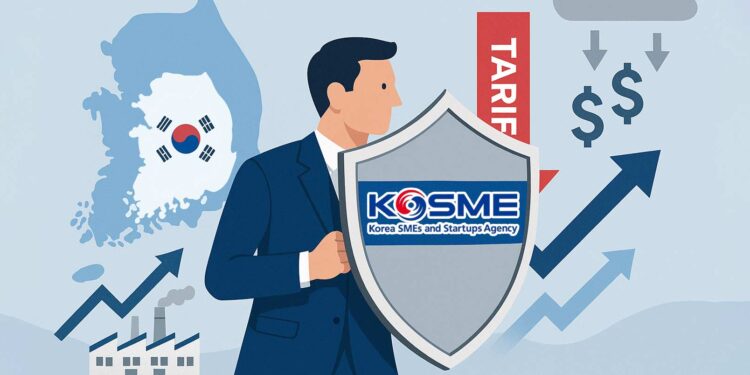 AI-generated illustration of KOSME shielding Korean SMEs from U.S. Tariff and global challenges.